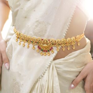22K Gold-Plated Ruby Red & Emerald Green Stone Temple Waist Chain Kamarbandh with Pearl Drops