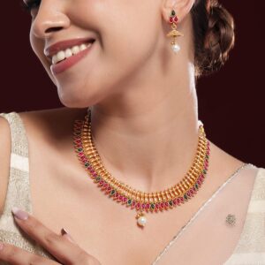 22K Gold-Plated Ruby Red & Emerald Green Stone Traditional Pearl Drop Jewellery Set - Gold