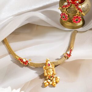 22K Gold-Plated Ruby Red & Green Stone Studded Lord Balaji Temple Choker Jewellery Set