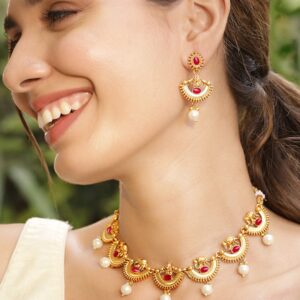 22K Gold-Plated Ruby Red & Pearl Beaded Statement Necklace Set with Earrings - Gold