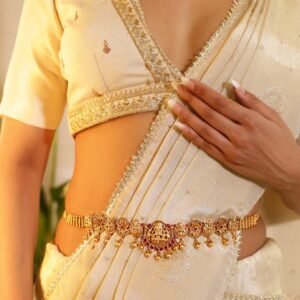 22K Gold-Plated Ruby Red Stone Studded Goddess Lakshmi Temple Design Kamarbandh - Ruby Red