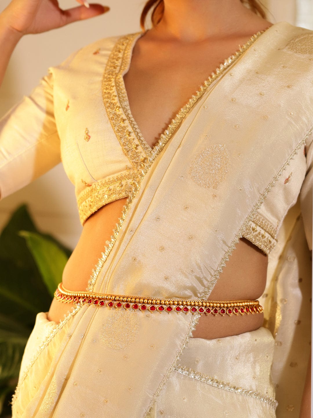 22K Gold-Plated Ruby Red Stone Studded Handcrafted Traditional Kamarbandh - Ruby Red