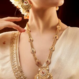 22K Gold-Plated Ruby Red Stone Studded Traditional Temple Long Necklace Set for Women - Red