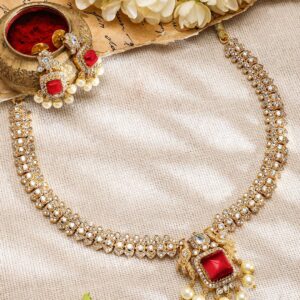22K Gold-Plated Ruby Red & White CubicZirconia Studed Jewellery Set with Pearl Drop - Gold