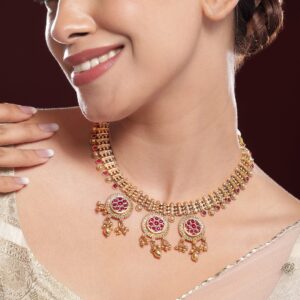 22K Gold-Plated Ruby Stone & Golden Beads Handcrafted Necklace Set with Floral Medallions