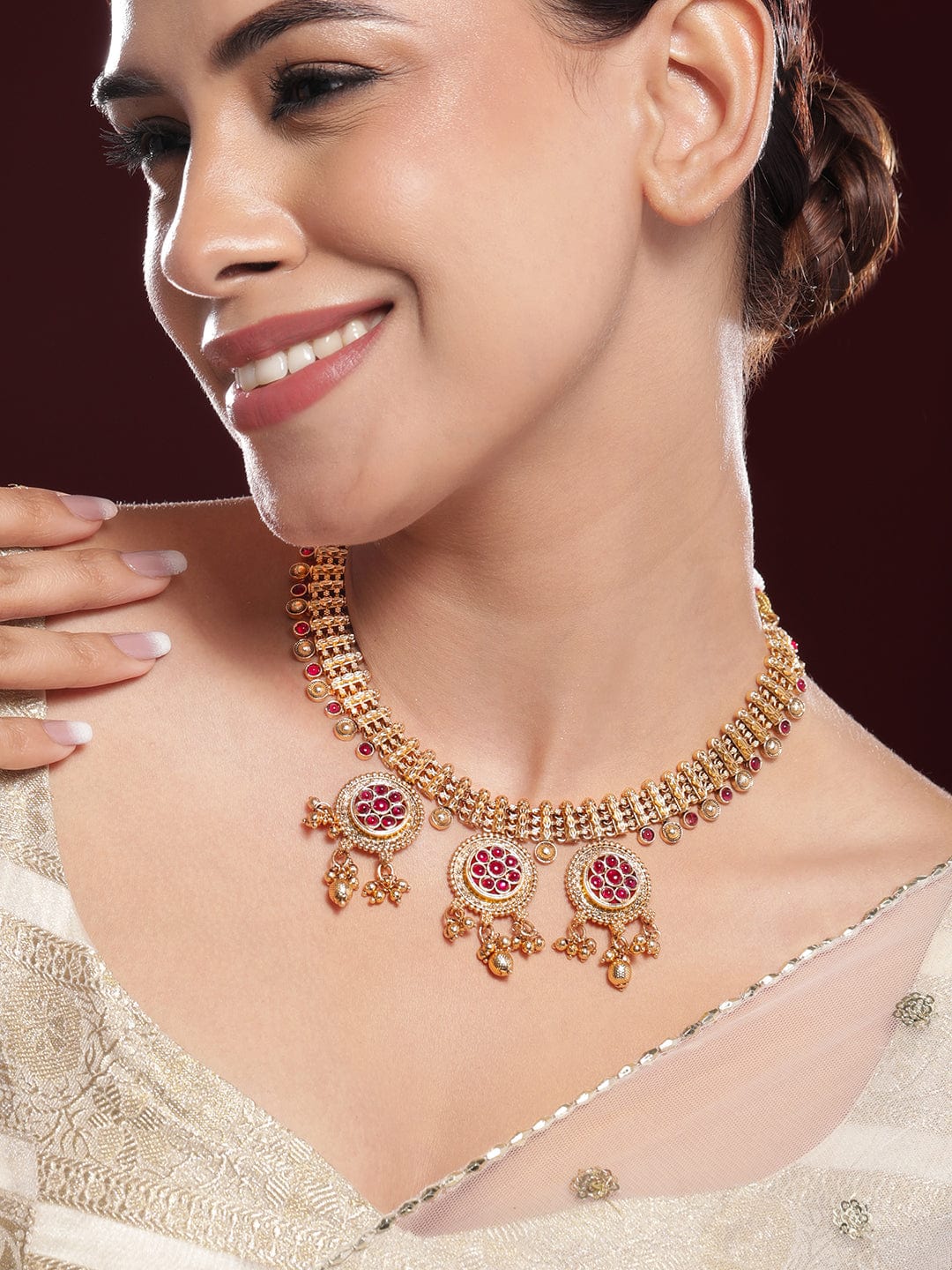 22K Gold-Plated Ruby Stone & Golden Beads Handcrafted Necklace Set with Floral Medallions