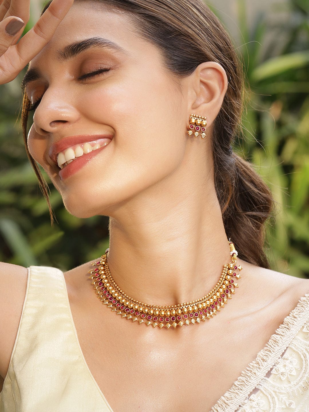 22K Gold-Plated Ruby Pink Studded Golden Beaded Traditional Necklace Set - Gold