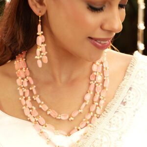22K Gold Plated Semi precious Rose quarts Gem Beaded Zirconia studded Multilayer Statement Necklace Set - Gold::Pink