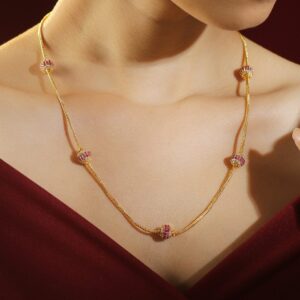 22K Gold-Plated Sleek Chain Necklace with Ruby Pink & Cubic Zirconia Encrusted Bead - Pink