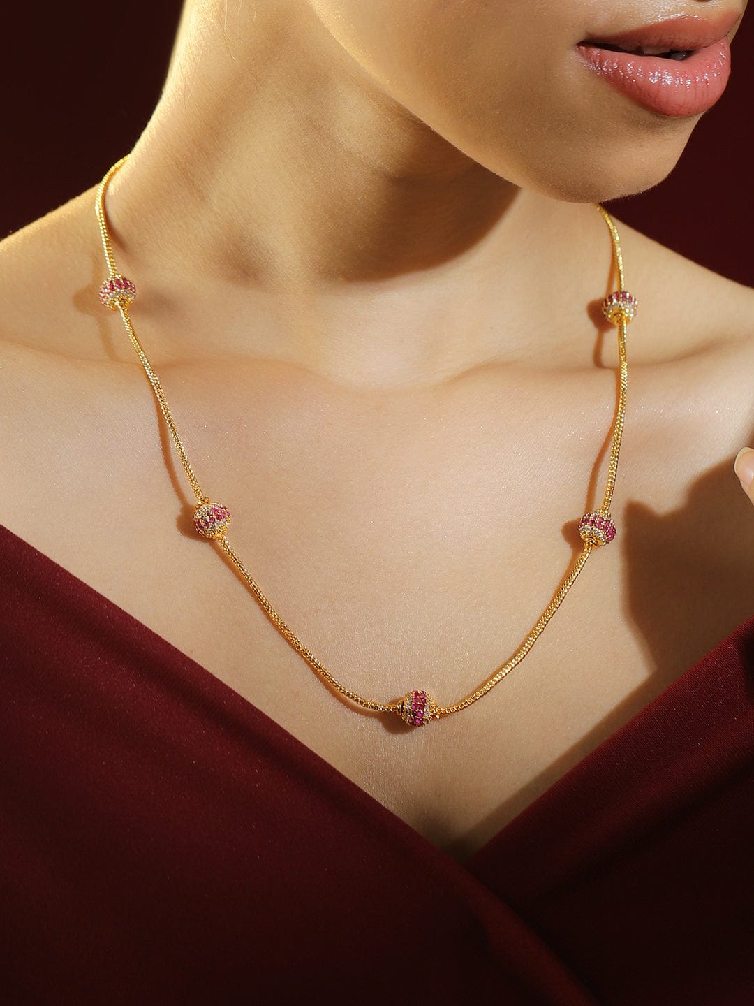 22K Gold-Plated Sleek Chain Necklace with Ruby Pink & Cubic Zirconia Encrusted Bead - Pink