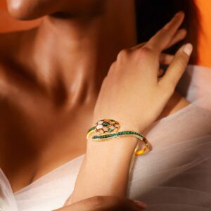 22K Gold-Plated Snake Motif Bracelet with Honeycomb Design, Emerald & Zirconia - Gold