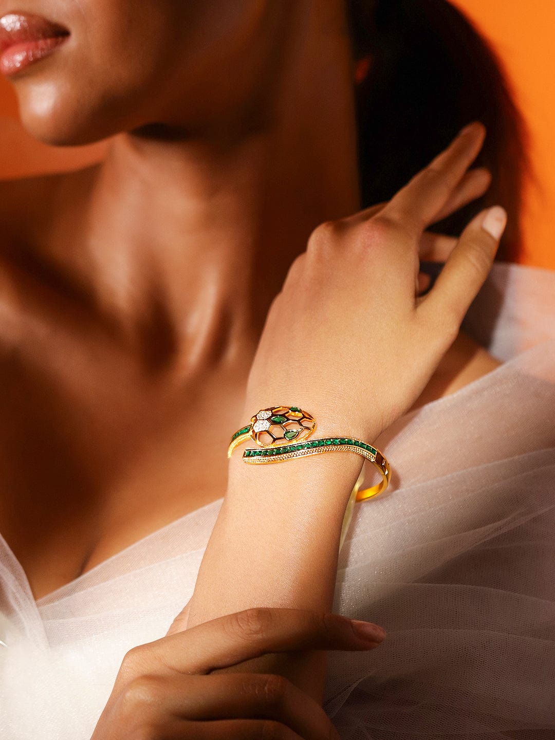 22K Gold-Plated Snake Motif Bracelet with Honeycomb Design, Emerald & Zirconia - Gold