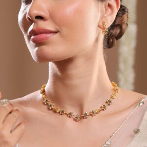 22K Gold-Plated Temple Jewellery Set with Lakshmi Motif & Green CZ Floral Accents