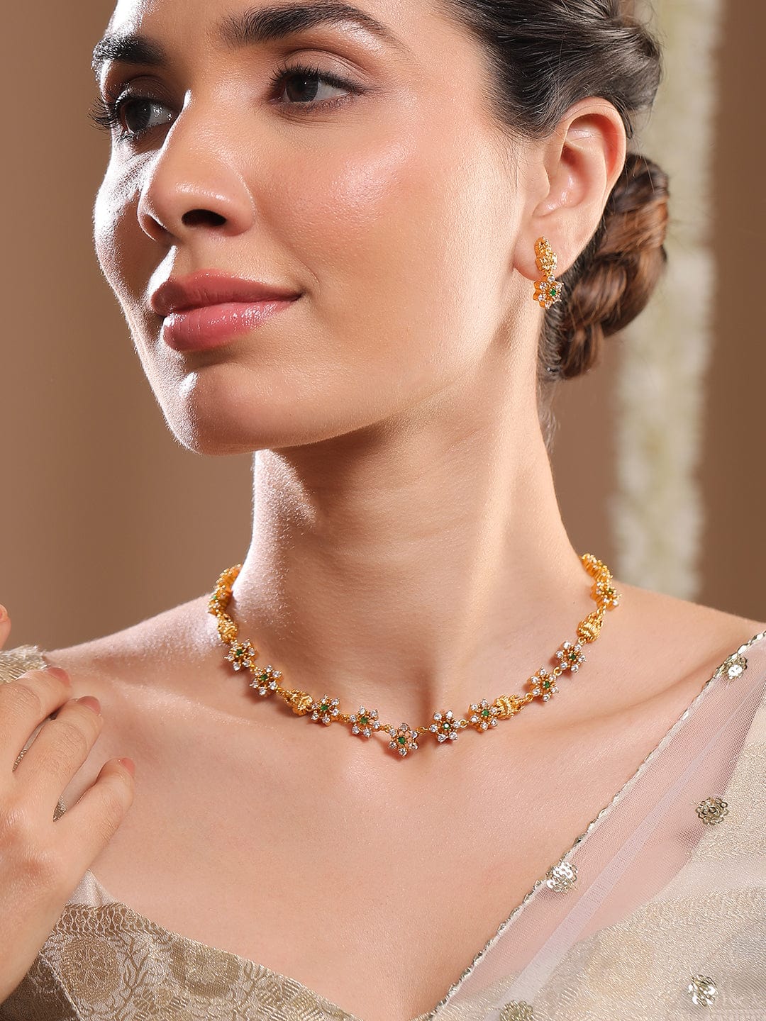 22K Gold-Plated Temple Jewellery Set with Lakshmi Motif & Green CZ Floral Accents