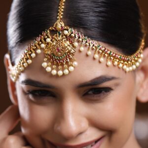 22K Gold-Plated Traditional Ruby Green Stone & Pearl Beaded Bridal Matha Patti - Gold