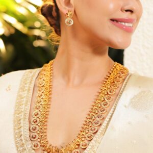 22K Gold-Plated Traditional Temple Necklace Set with Ruby, Emerald & Zirconia Accents