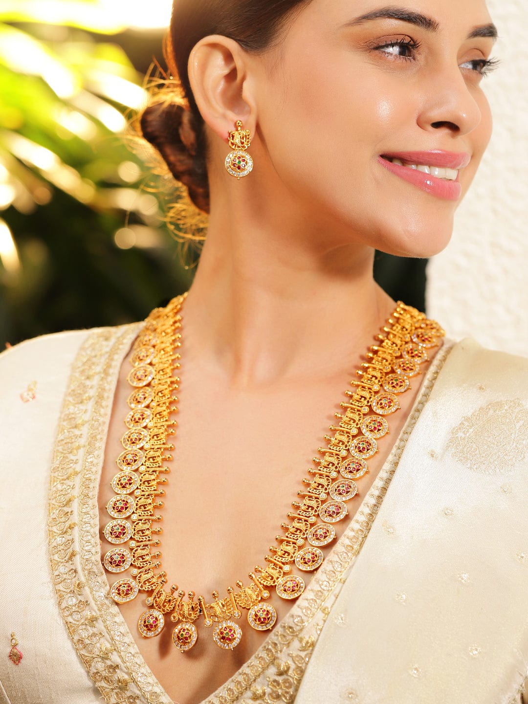 22K Gold-Plated Traditional Temple Necklace Set with Ruby, Emerald & Zirconia Accents