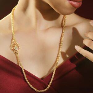 22K Gold-Plated Twisted Rope Chain Necklace with Peacock Motif & Ruby Pink Stones - Gold