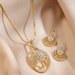 22K Gold-Plated White Cubic Zirconia Studded Teardrop Floral Pendant Necklace Set - Design 1