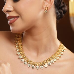 22K Gold-Plated White & Green Kundan Studded Brass Temple Floral Necklace Set