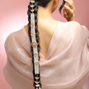 22K Gold-Plated White Kundan & Cream Pearl Beaded Crescent Motif Handcrafted Head Jewellery for Brides & Bridesmaids