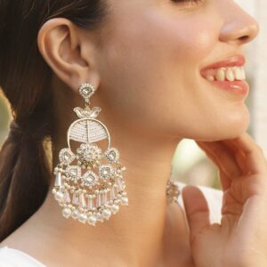 22K Gold-Plated White Kundan & Pearl Beaded Chandbali Earrings with Floral Motif