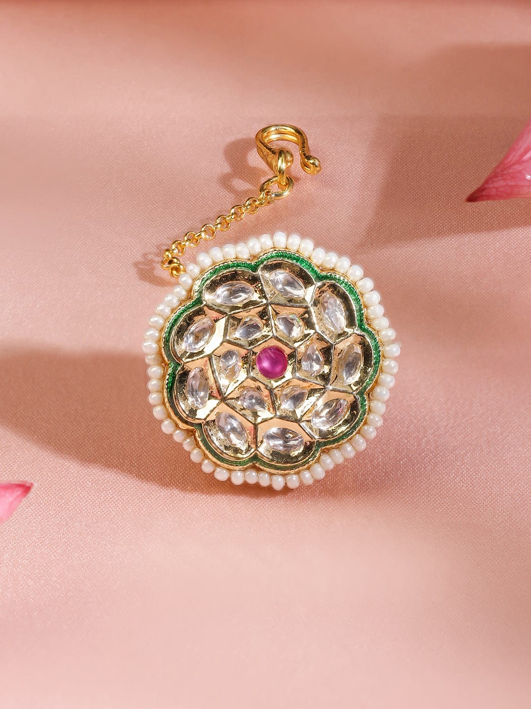 22K Gold-Plated White Kundan & Ruby Pink Stone Studded Borla MaangTikka with Pearl Border