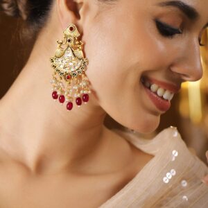 22K Gold-Plated White Kundan Studded Chandbali Earrings with Pearl & Ruby Red Beads - Red