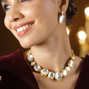 22K Gold-Plated White Kundan Studded Handcrafted Choker Necklace Set