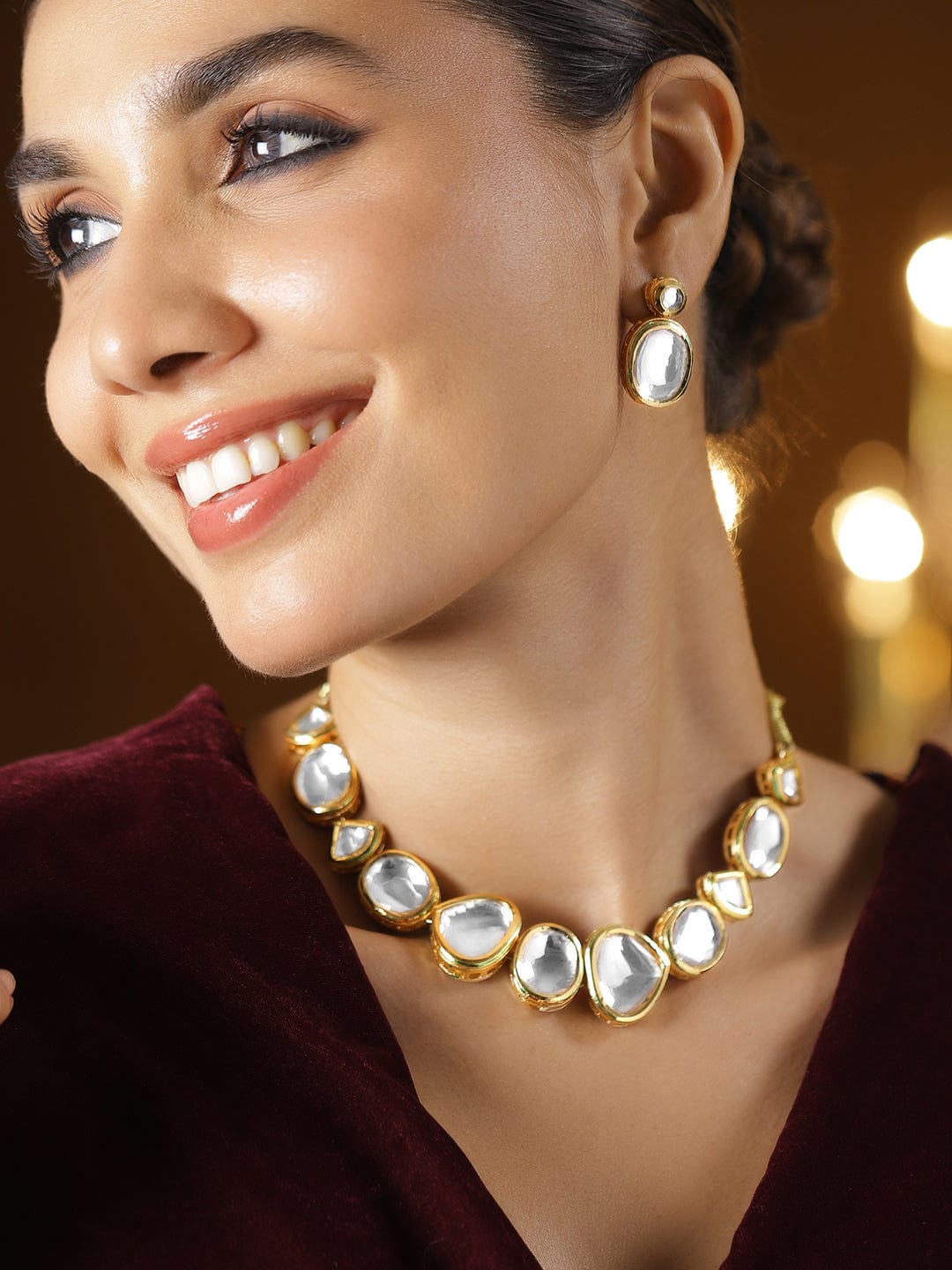 22K Gold-Plated White Kundan Studded Handcrafted Choker Necklace Set