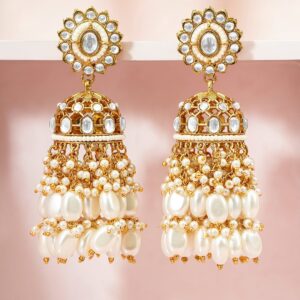 22K Gold-Plated White Kundan Studded Handcrafted Dome Jhumkas with Off-White Layered Pearl Beads