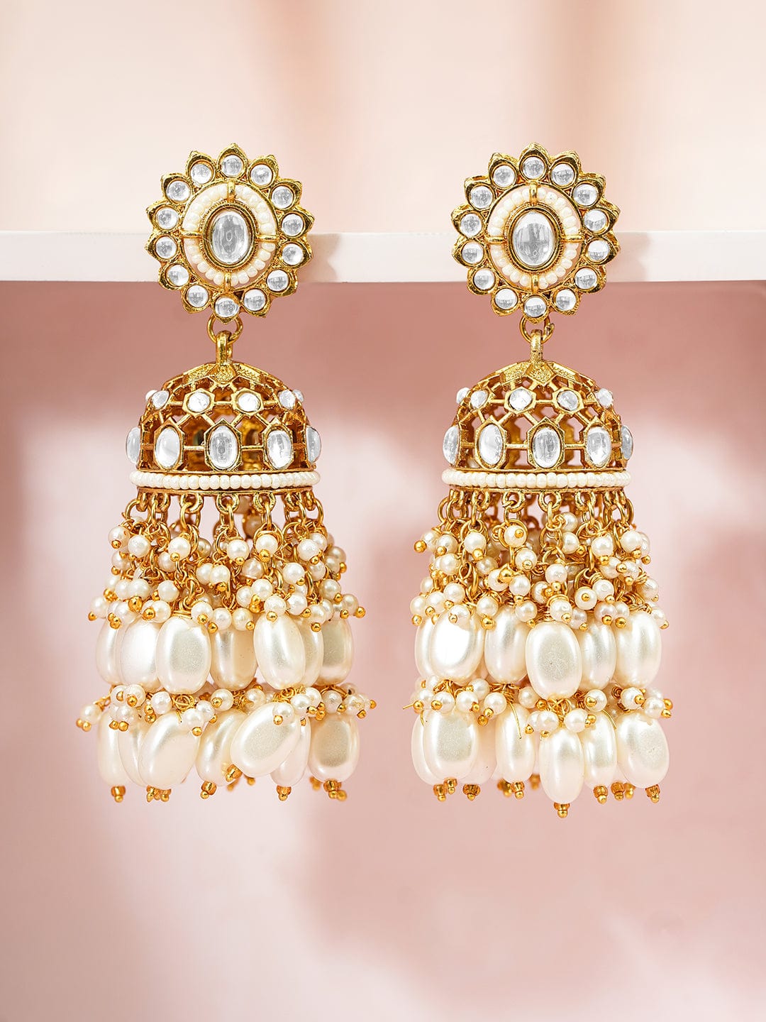 22K Gold-Plated White Kundan Studded Handcrafted Dome Jhumkas with Off-White Layered Pearl Beads