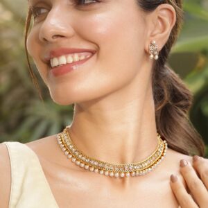 22K Gold-Plated White Kundan Studded & Pearl Beaded Handcrafted Jewellery Set