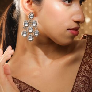 22K Gold-Plated White Oval Stone & Cubic Zirconia Studded Chandelier Earrings for Women – Premium Designer Jewelry