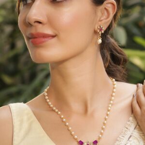 22K Gold-Plated White Pearl Beaded Necklace Set with Ruby Pink & CZ Studded Pendant - Ruby Pink