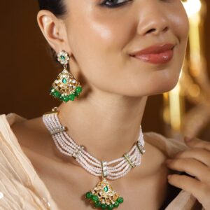 22K Gold-Plated White Pearl Multi-Strand Necklace Set with Kundan & Emerald Green Beads - Emerald