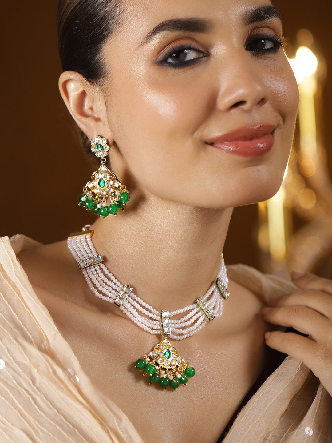 22K Gold-Plated White Pearl Multi-Strand Necklace Set with Kundan & Emerald Green Beads - Emerald