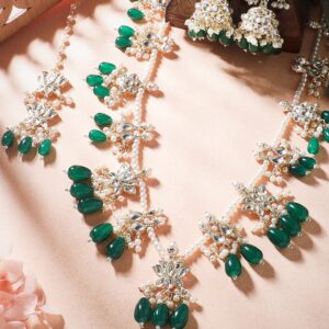 22k Gold Plated With Kundan Stones & Green Beads Jhumkas Earrings. - Gold::Green