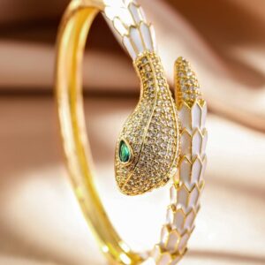 22K Gold-Plated Zirconia Snake Motif Bracelet with Enamel Details & Emerald Accents - Gold