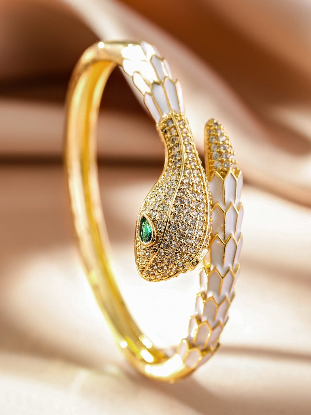 22K Gold-Plated Zirconia Snake Motif Bracelet with Enamel Details & Emerald Accents - Gold
