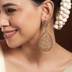 22K Mehandi Gold-Plated Crystal & Zircon Studded Traditonal Drop Earrings - Mehandi Gold