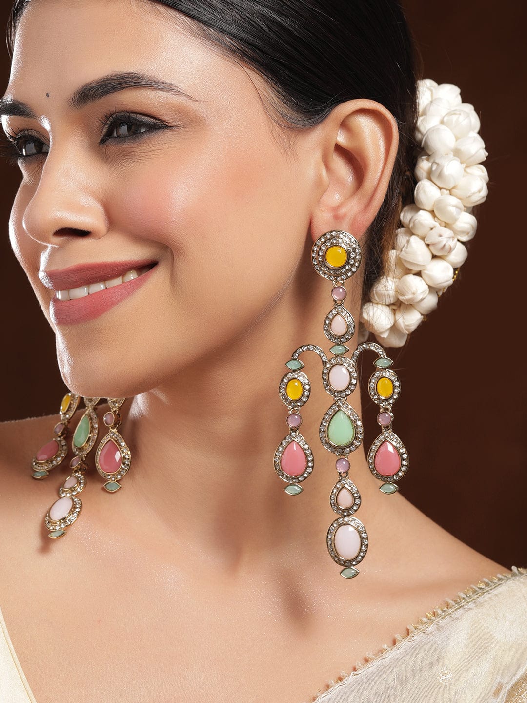 22K Mehandi Gold-Plated Multicolor Gemstone & Zirconia Studded Chandelier Earrings