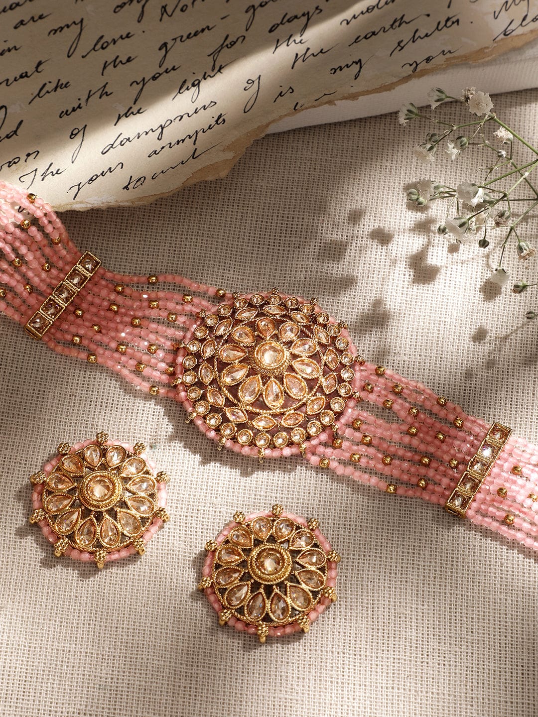 22k mehndi Gold plated Dazzling Reverse AD pastel pink beaded choker set - Gold::Pink