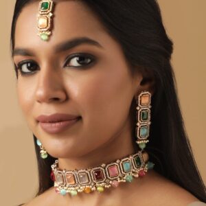 22K Mehndi Gold Plated Multicolor & Reverse AD Studded Choker Set - Multicolor