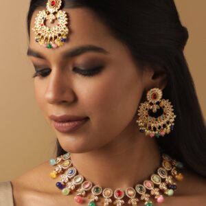 22K Mehndi gold plated Multicolor & Reverse AD Studded Choker Set - Gold::Multi Color