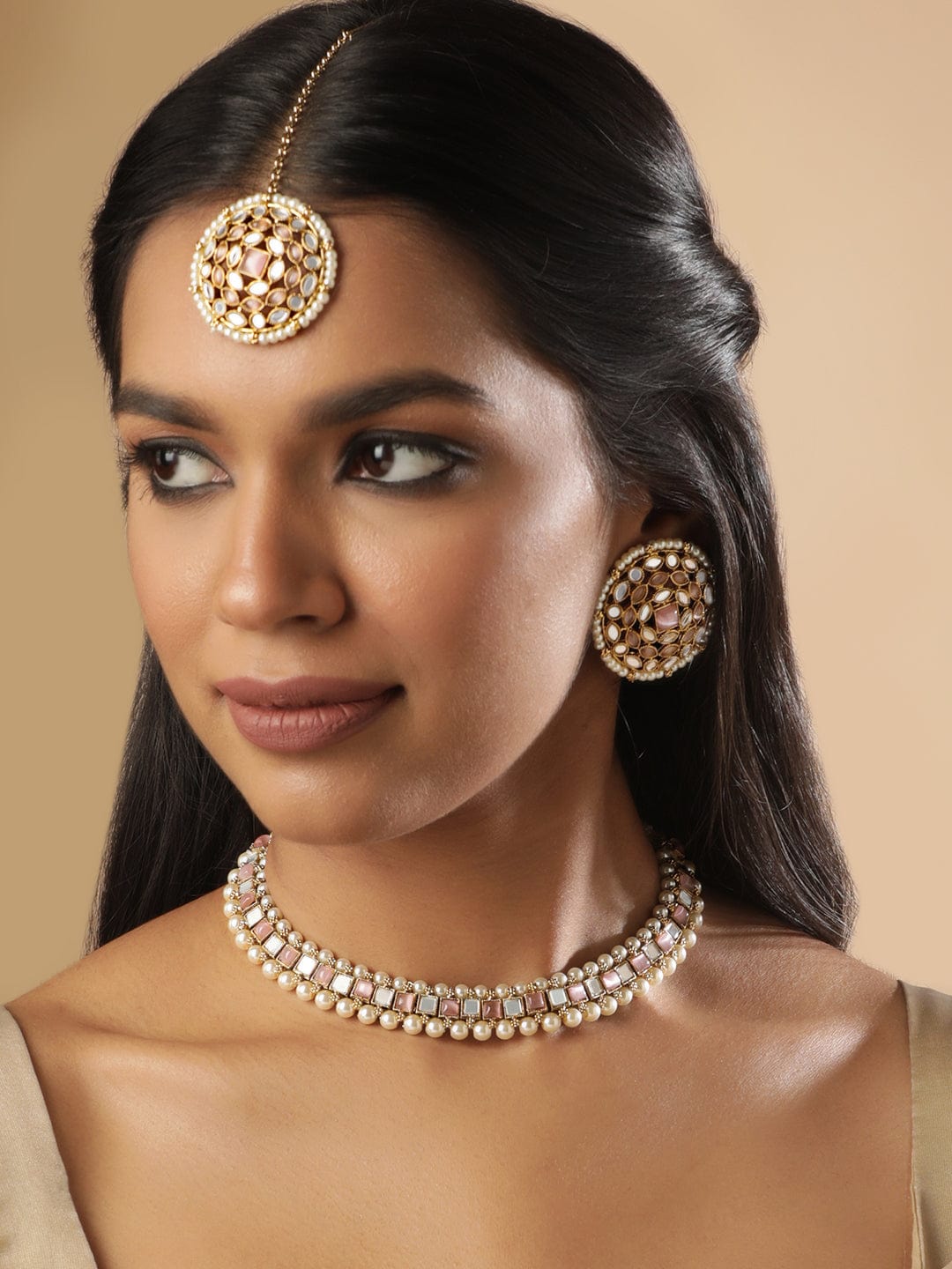 22K Mehndi Gold plated pastel pink & mirror studded pearl beaded choker Set - Gold