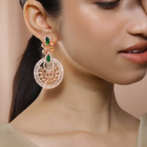 22K Rose Gold-Plated Emerald Green & White Cubic Zirconia Studded Floral Drop Earrings for Women, Brides & Bridesmaids – Perfect for Weddings, Parties & Special Occasions - Green