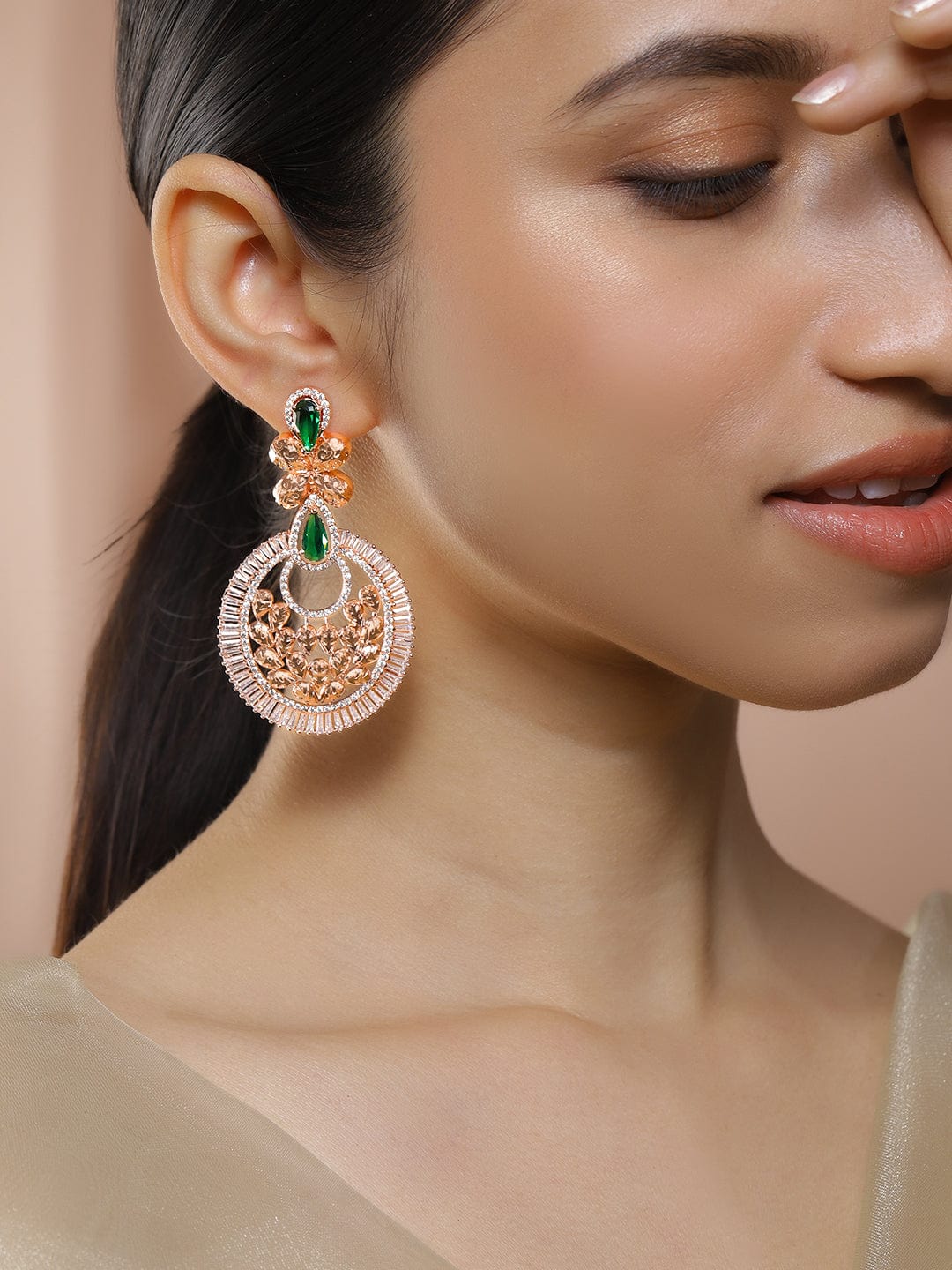 22K Rose Gold-Plated Emerald Green & White Cubic Zirconia Studded Floral Drop Earrings for Women, Brides & Bridesmaids – Perfect for Weddings, Parties & Special Occasions - Green
