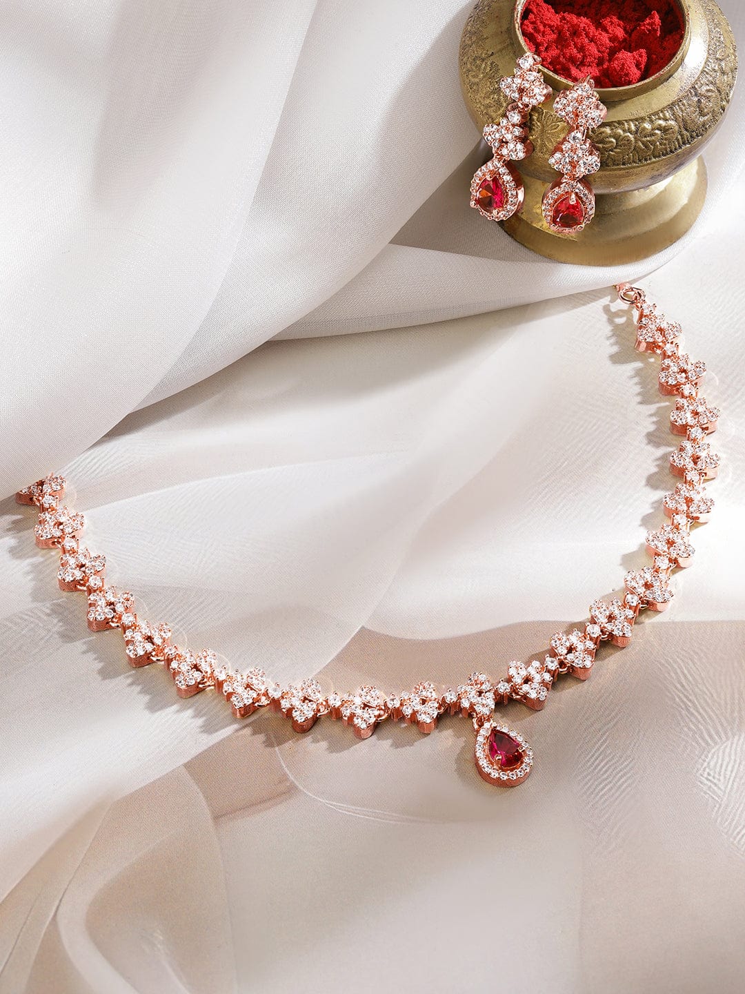 22K Rose Gold-Plated Ruby Pink & White Cubic Zirconia Studded Necklace Set with Earrings - Rose Gold