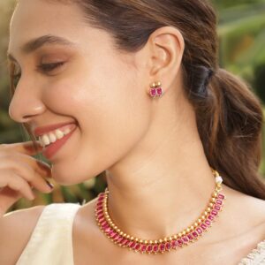 22KT Gold-Plated Brass Red Stone Studded Necklace Set - Gold